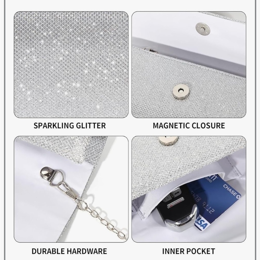 NWT Silver Sparkly Clutch w/ Silver Chain Strap - Picture 3 of 13